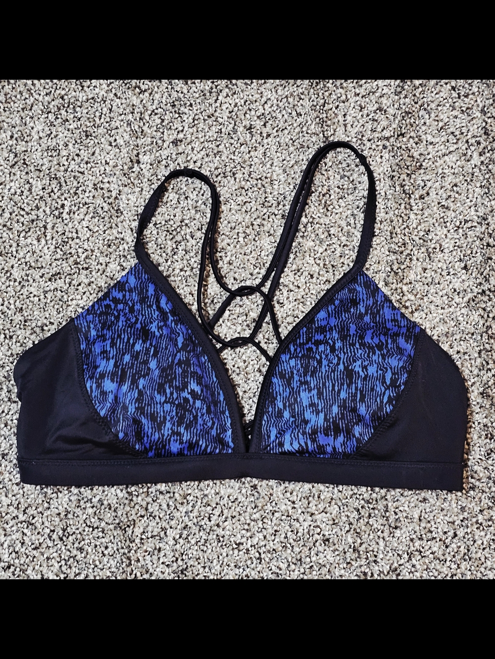 Athleta Black Bralette with Blue Patterned Cups and Strappy Back